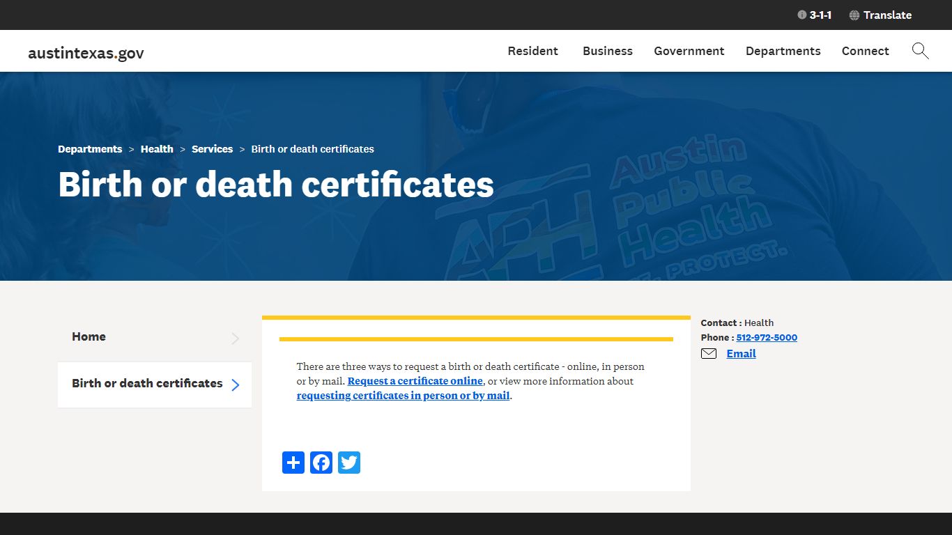 Birth or death certificates | AustinTexas.gov